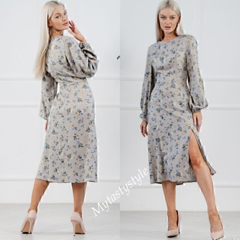 NWT Floral Grey Fitted Midi Side Slit Dress Azuri Ukraine Size L